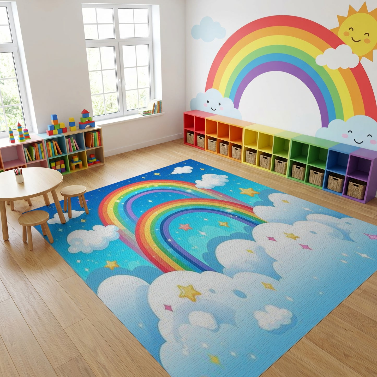 Whimsical Double Rainbow Stars Clouds Rug