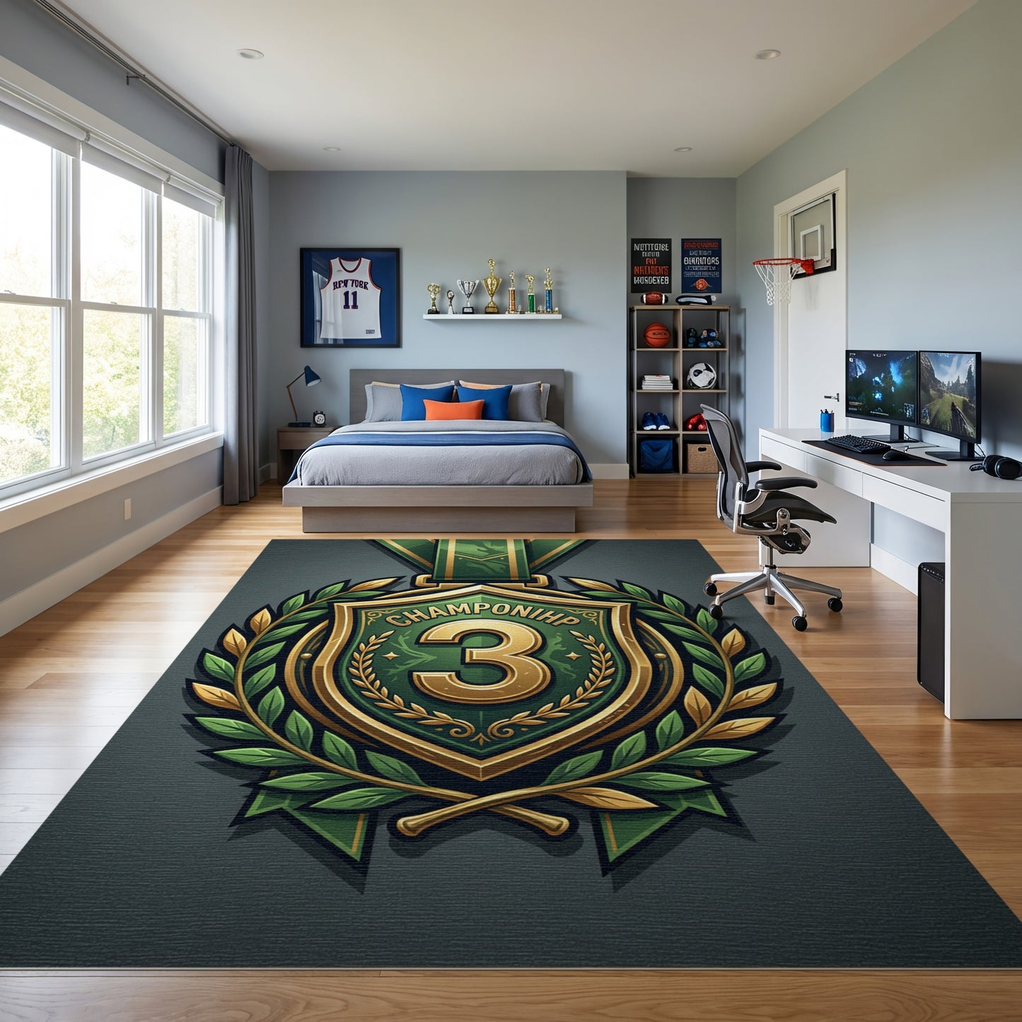 Ornate Green Gold Champion 3 Shield Rug