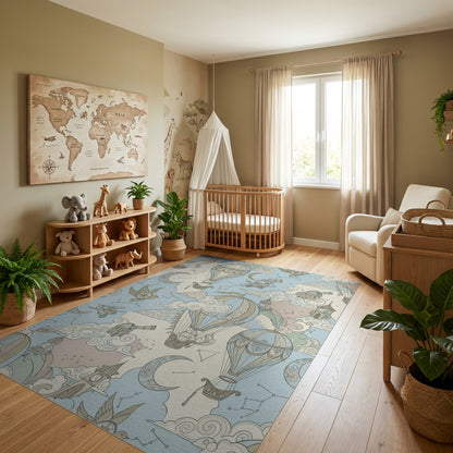 Whimsical Hot Air Balloons Celestial Clouds Rug