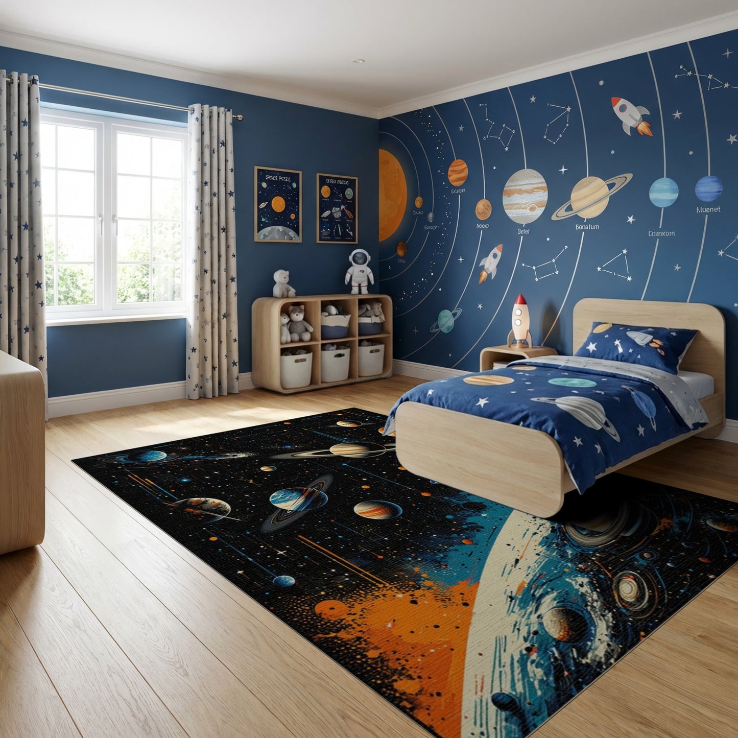 Vibrant Cosmic Ringed Planets Nebula Rug