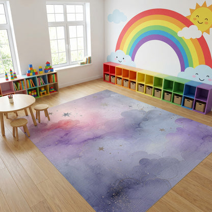 Dreamy Pastel Clouds Golden Stars Rug