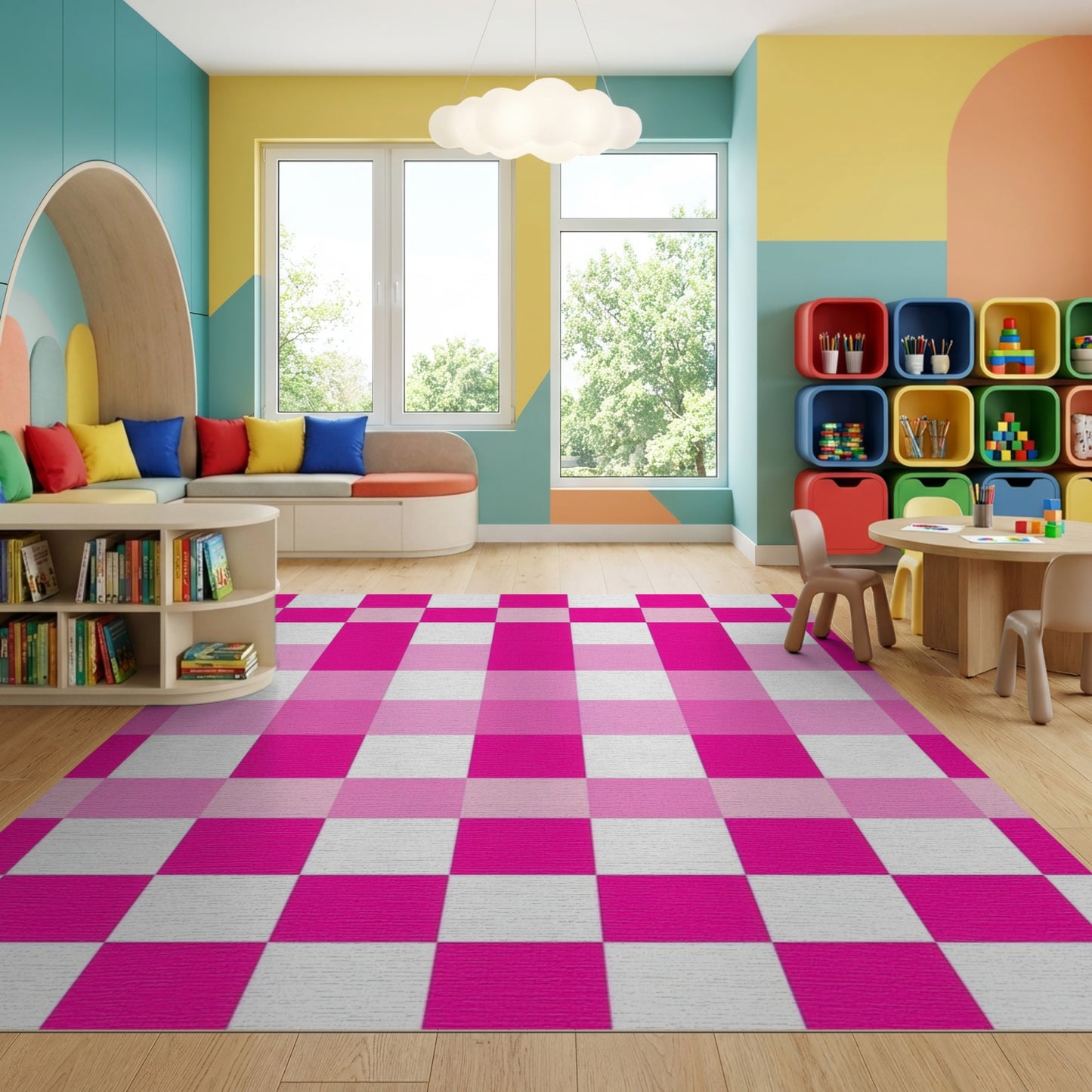 Vibrant Pink White Checkered Grid Rug