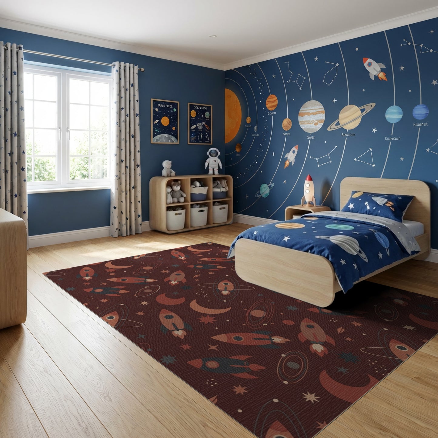 Maroon Cosmic Rocket Moon Star Rug