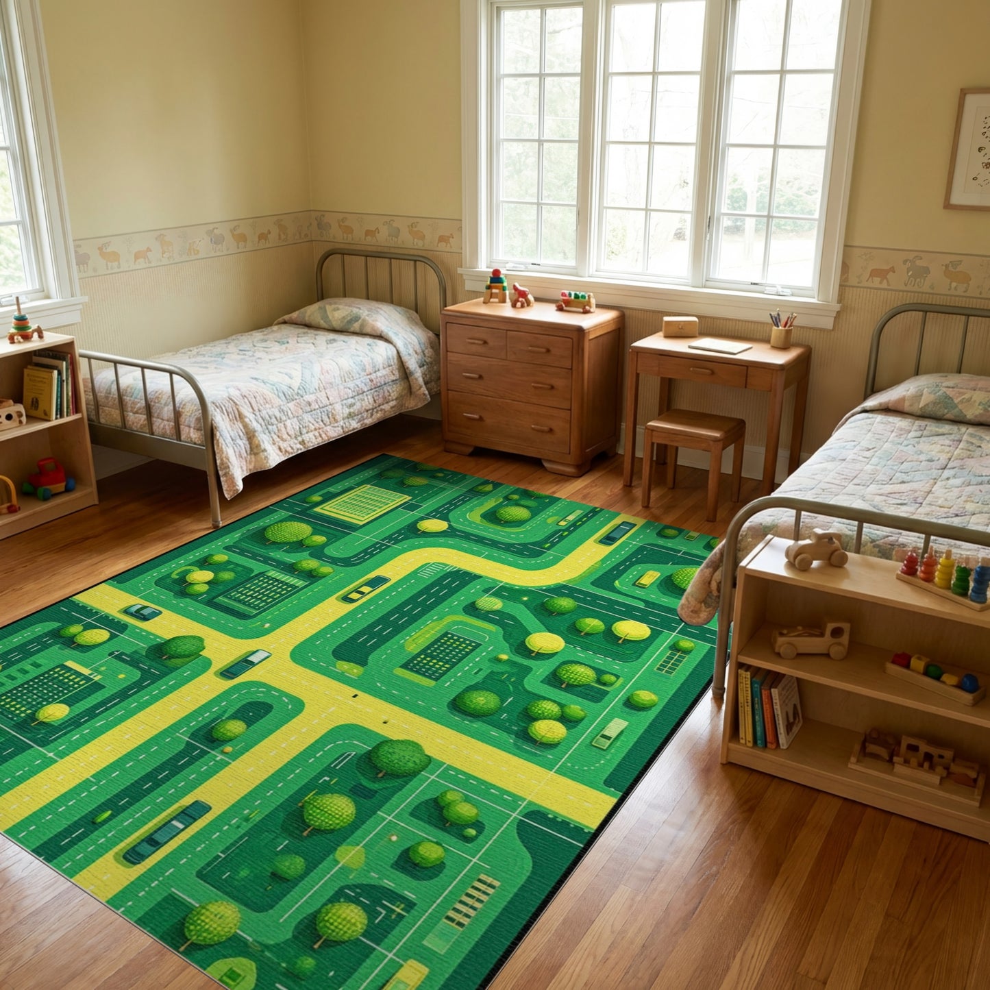 Vibrant Green City Roads Trees Rug