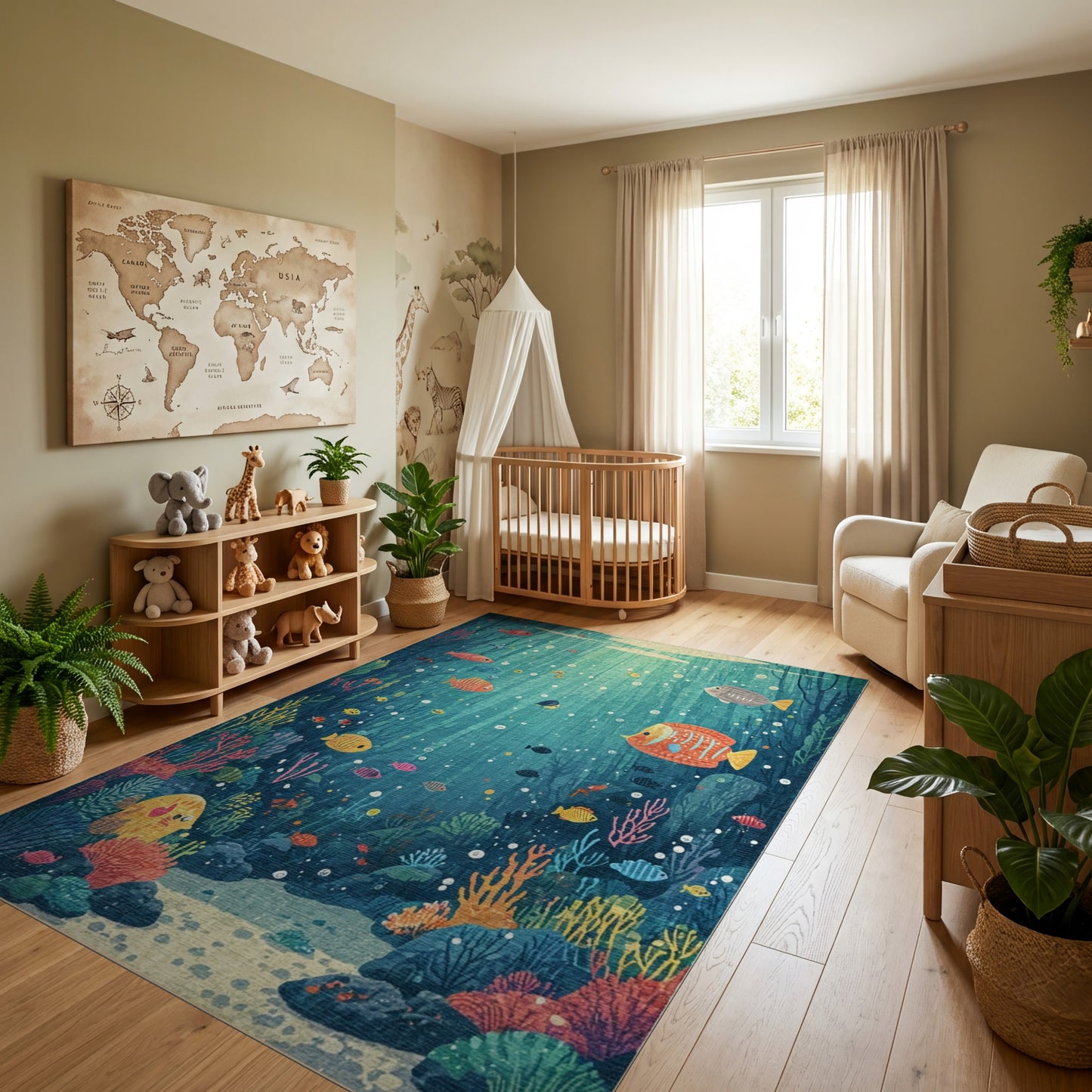 Whimsical Teal Fish Coral Sunbeam Rug