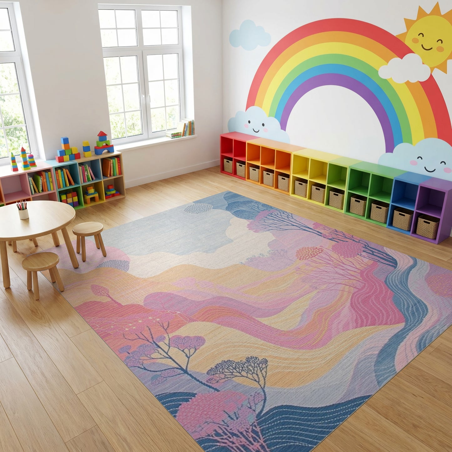 Dreamy Wavy Pastel Mountain Trees Rug