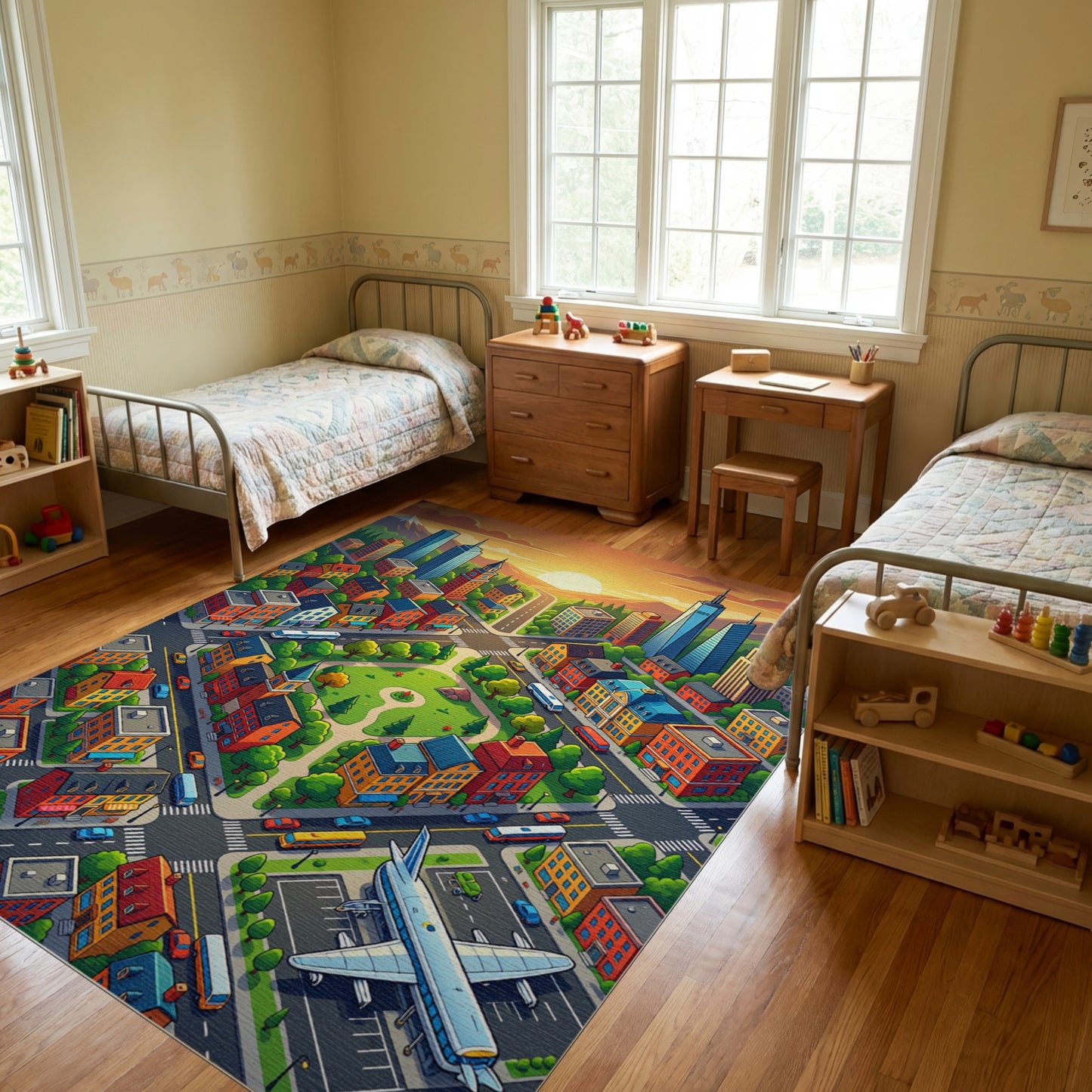 Vibrant Sunset Cityscape Warm Tones Rug