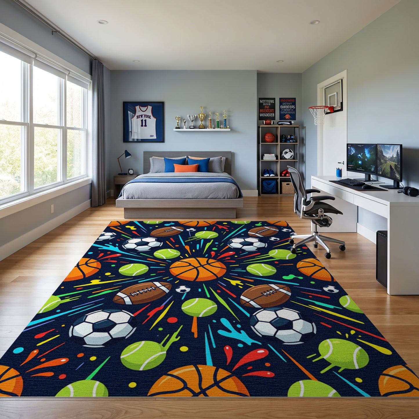 Vibrant Sports Balls Explosive Splatter Rug