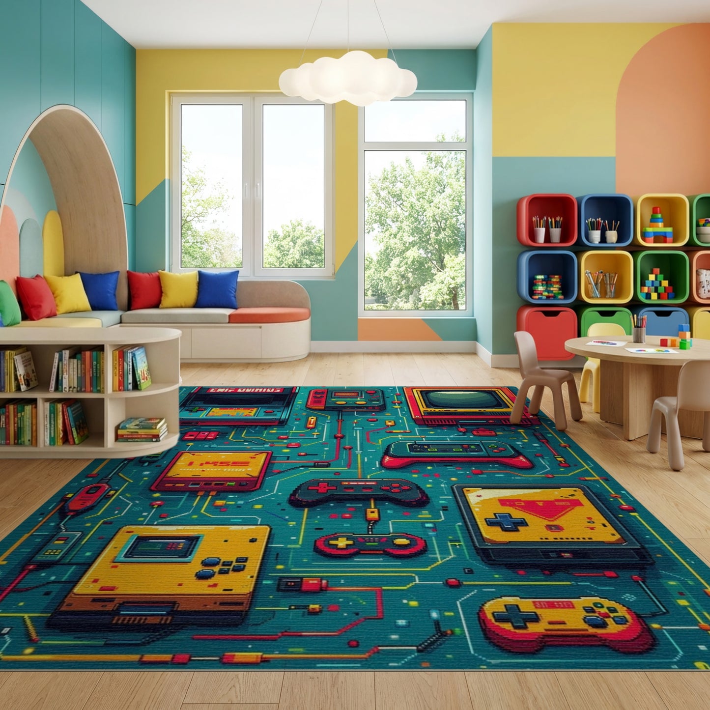 Vibrant Teal Retro Arcade Gaming Rug