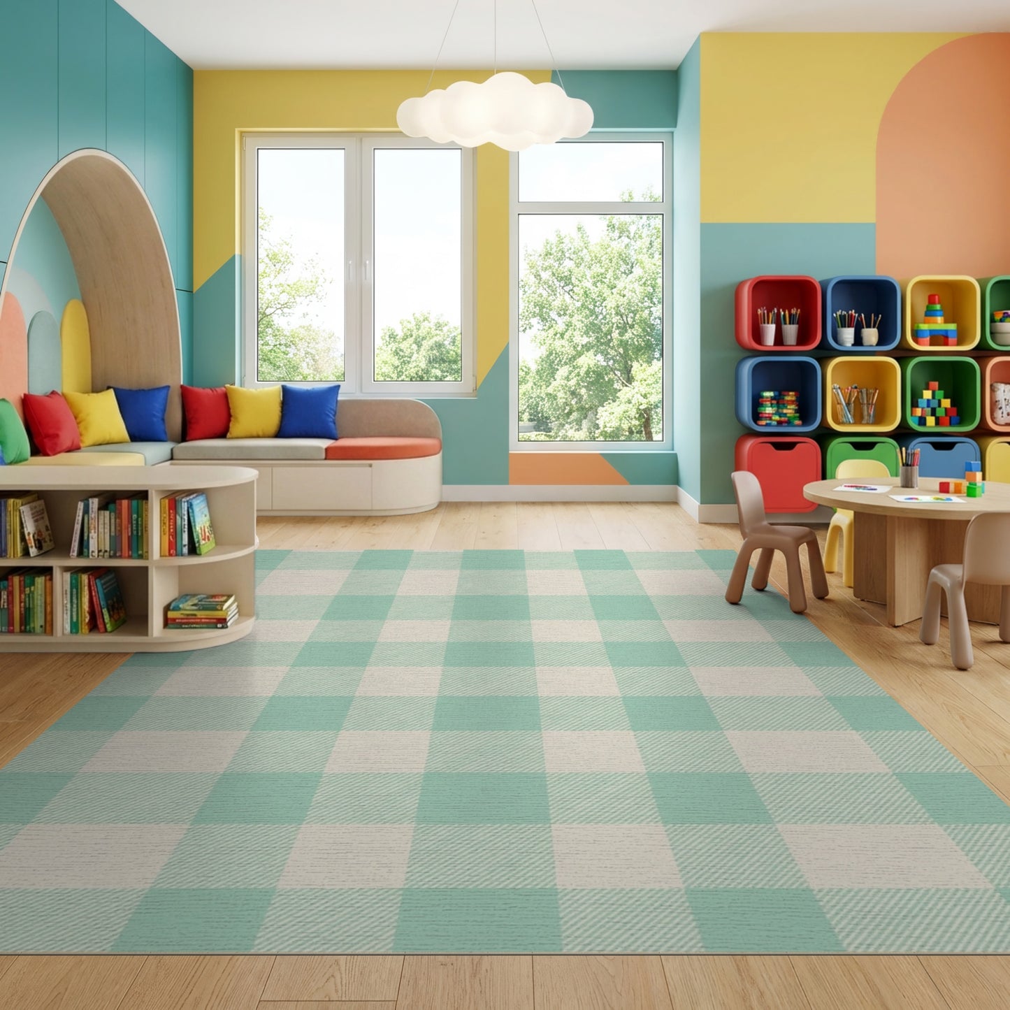 Light Green Cream Gingham Check Rug