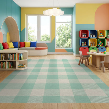 Light Green Cream Gingham Check Rug
