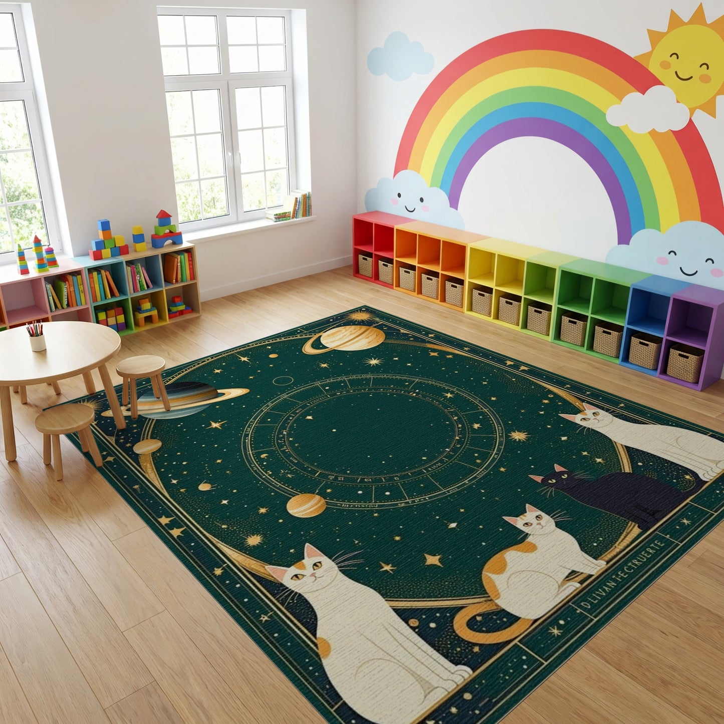 Dark Green Cosmic Cats Zodiac Rug
