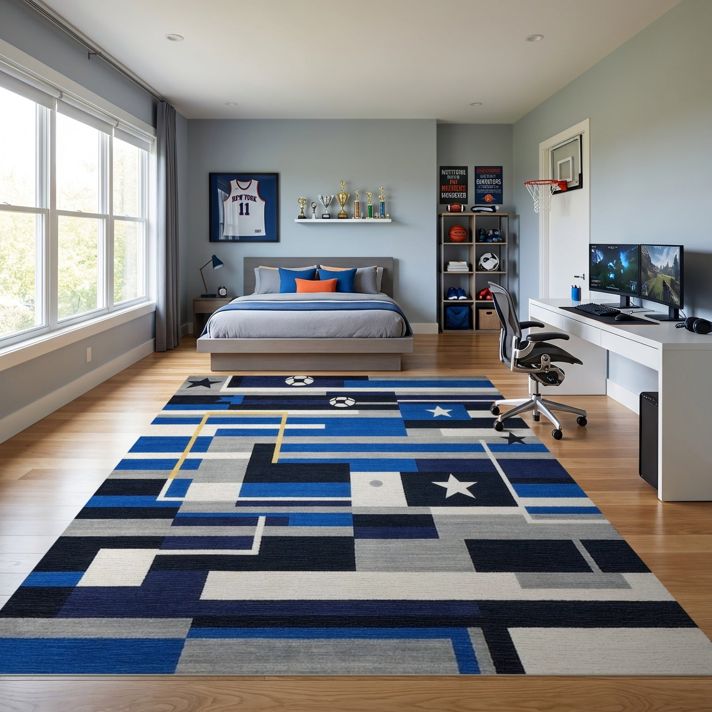 Navy Soccer Ball Star Geometric Rug