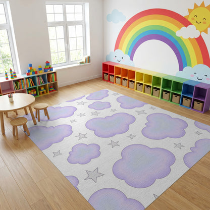 Whimsical Purple Clouds Silver Stars Rug