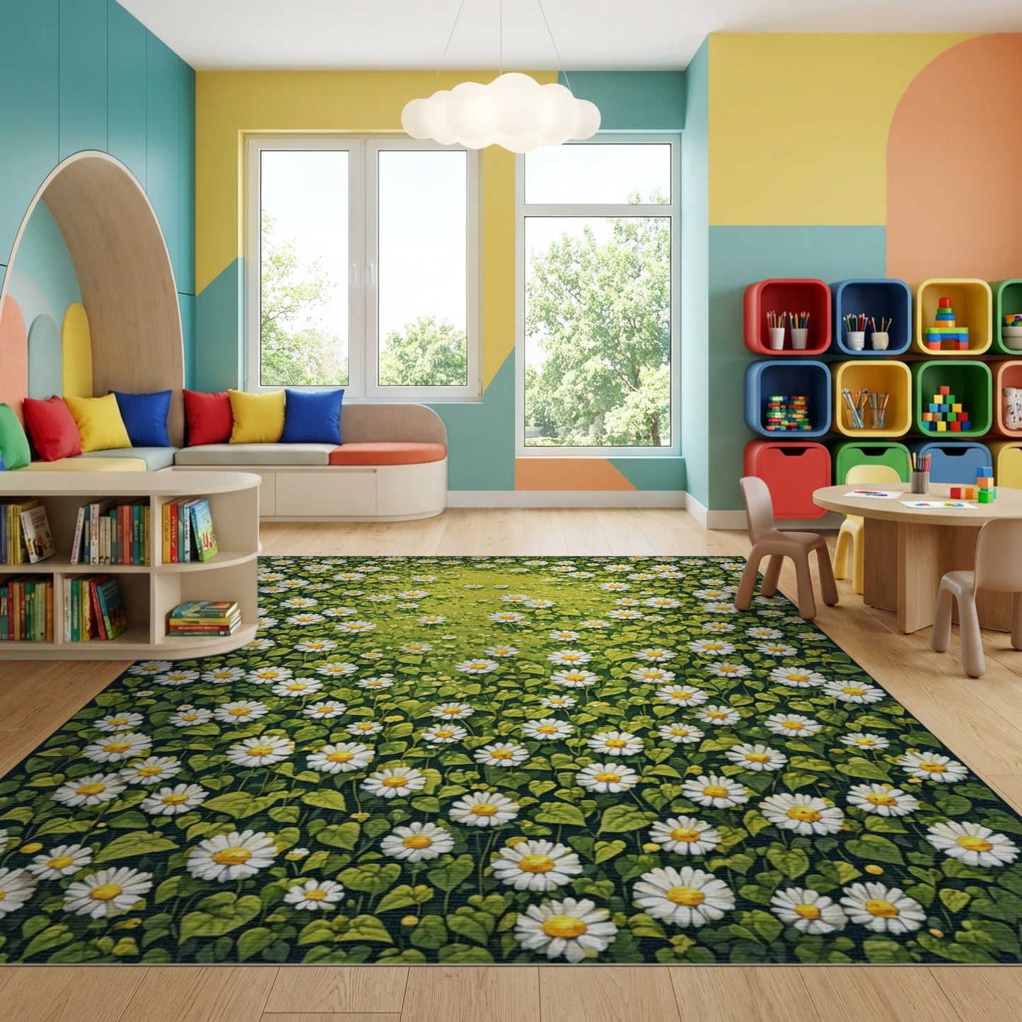 Vibrant White Daisy Meadow Rug