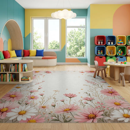 Delicate Pink White Daisy Border Rug