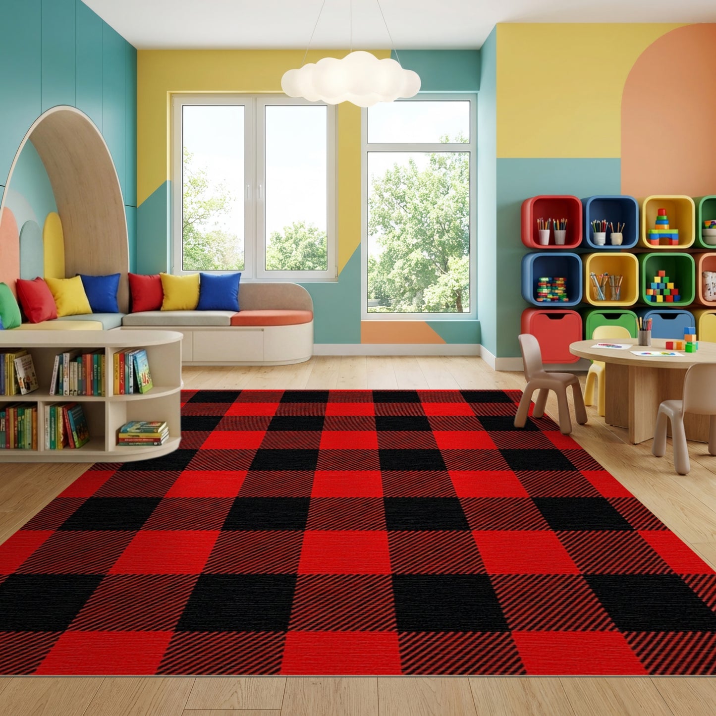 Classic Black Red Plaid Rug