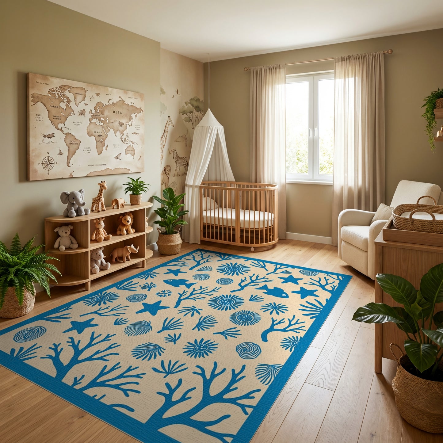 Whimsical Blue Coral Starfish Seashell Rug