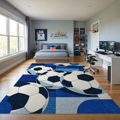 Bold Navy Soccer Balls Rug