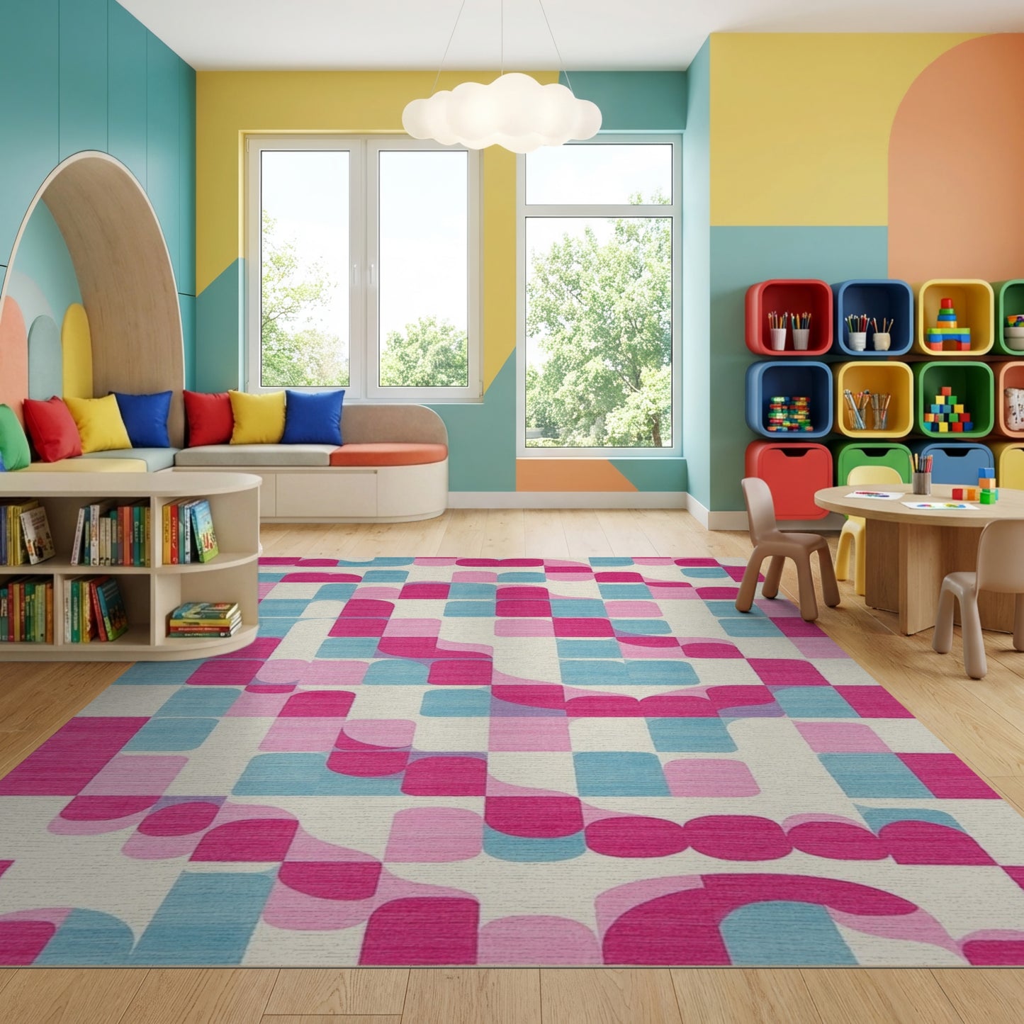 Vibrant Pink Teal Curved Geometric Rug
