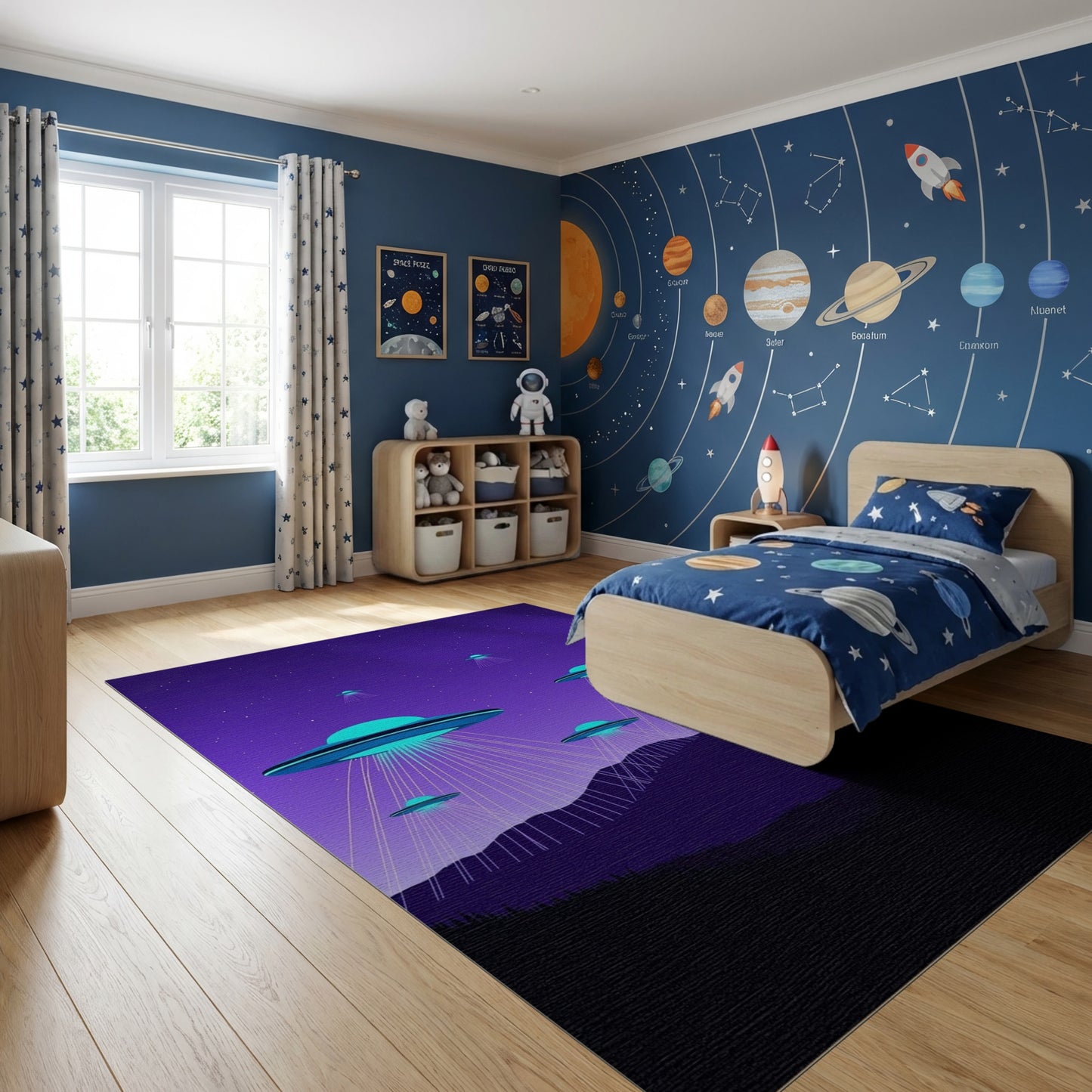 Neon Glowing UFOs Purple Mountains Rug