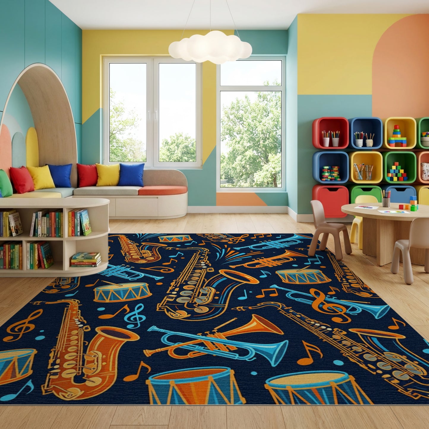 Vibrant Saxophone Trumpet Drum Notes Rug