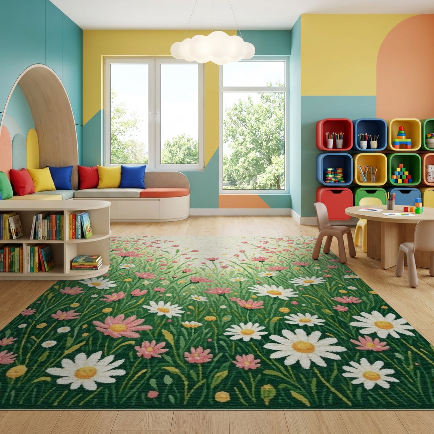 Whimsical Pink Green Daisy Meadow Rug