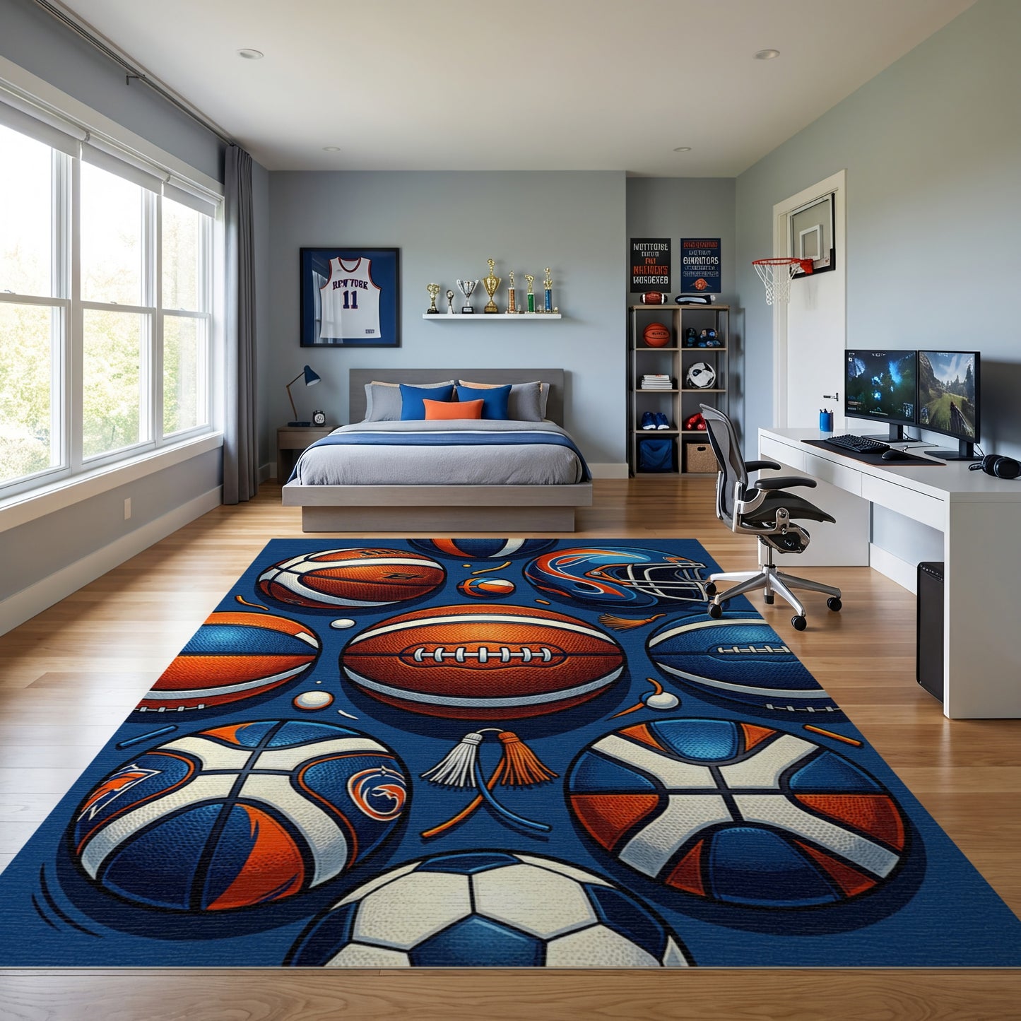 Navy Orange Basketball Football Helmet Rug