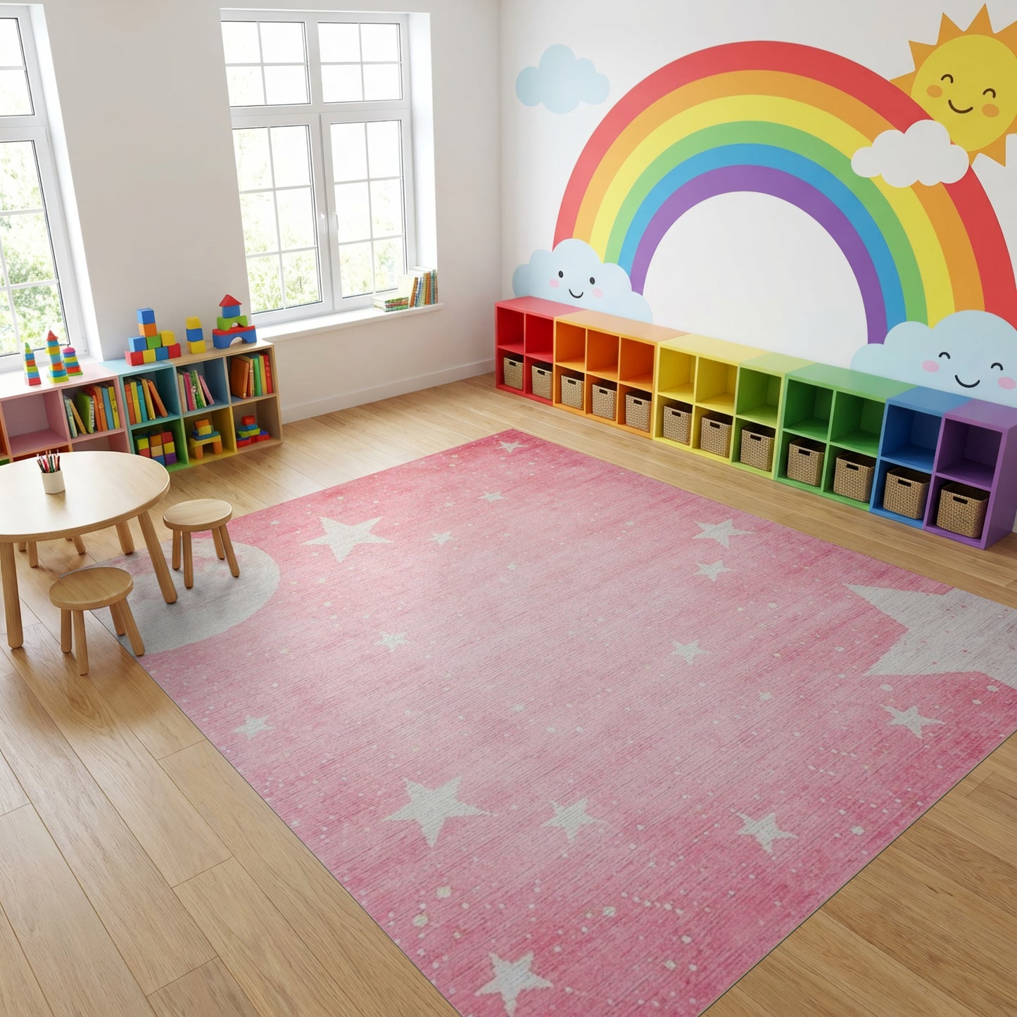 Whimsical Pink Moon Stars Rug