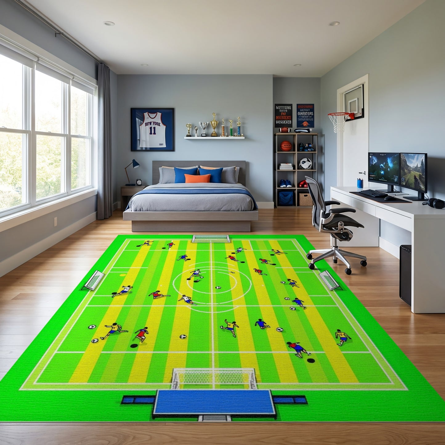 Vibrant Soccer Field Players Rug