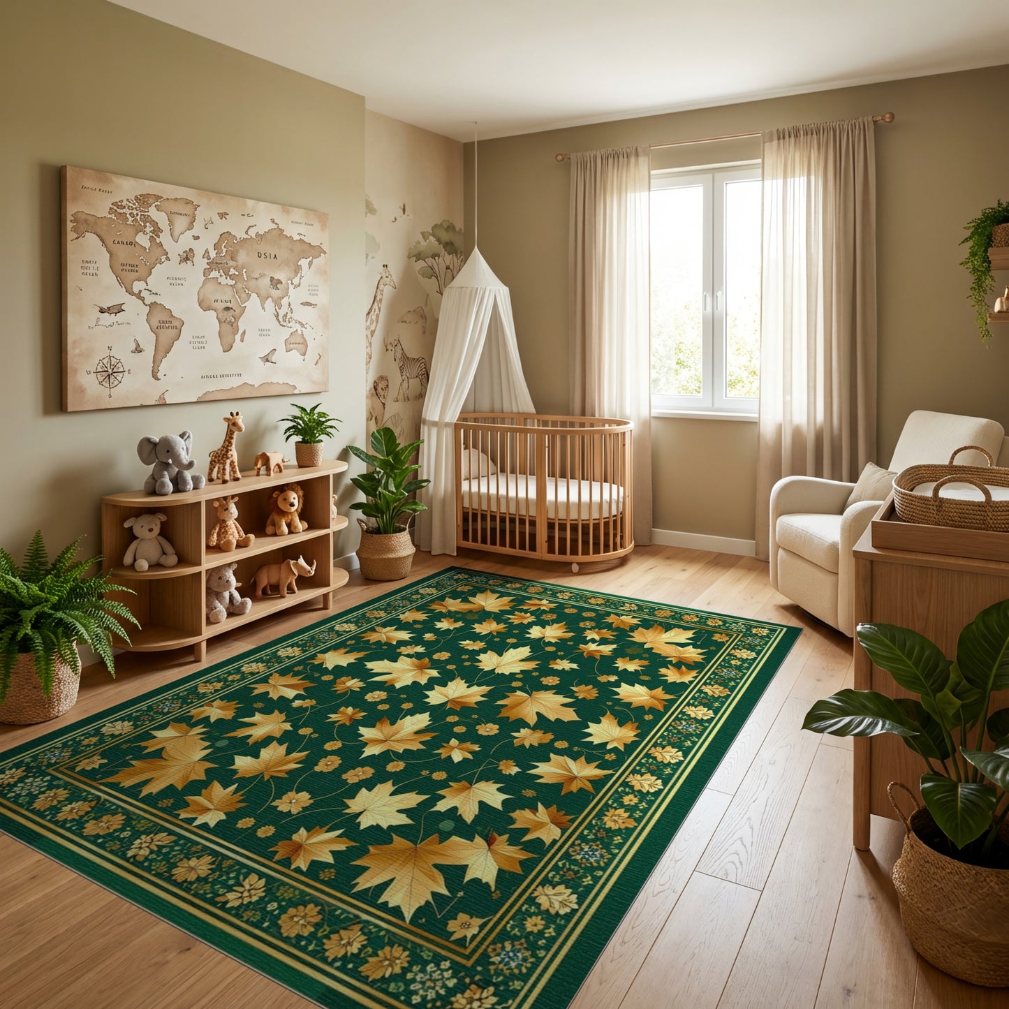 Ornate Golden Maple Leaves Green Rug