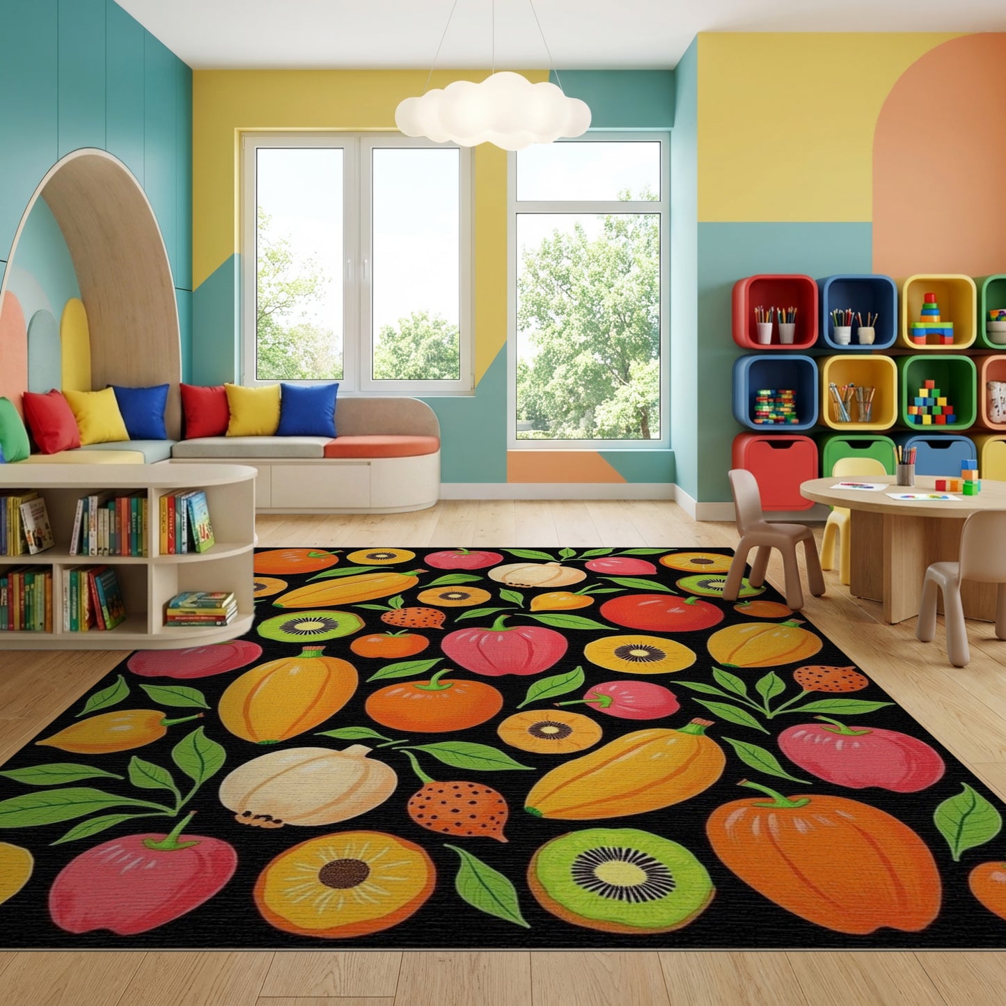 Vibrant Whimsical Fruits Vegetables Leaves Rug