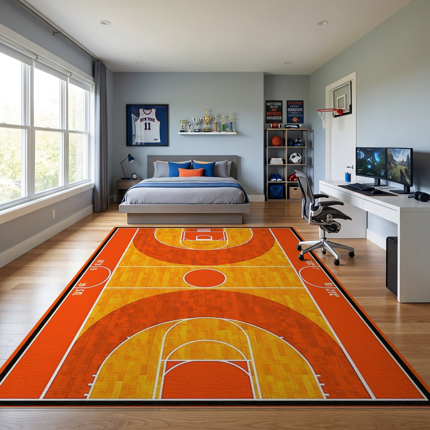Sporty Orange Basketball Court Pattern Rug
