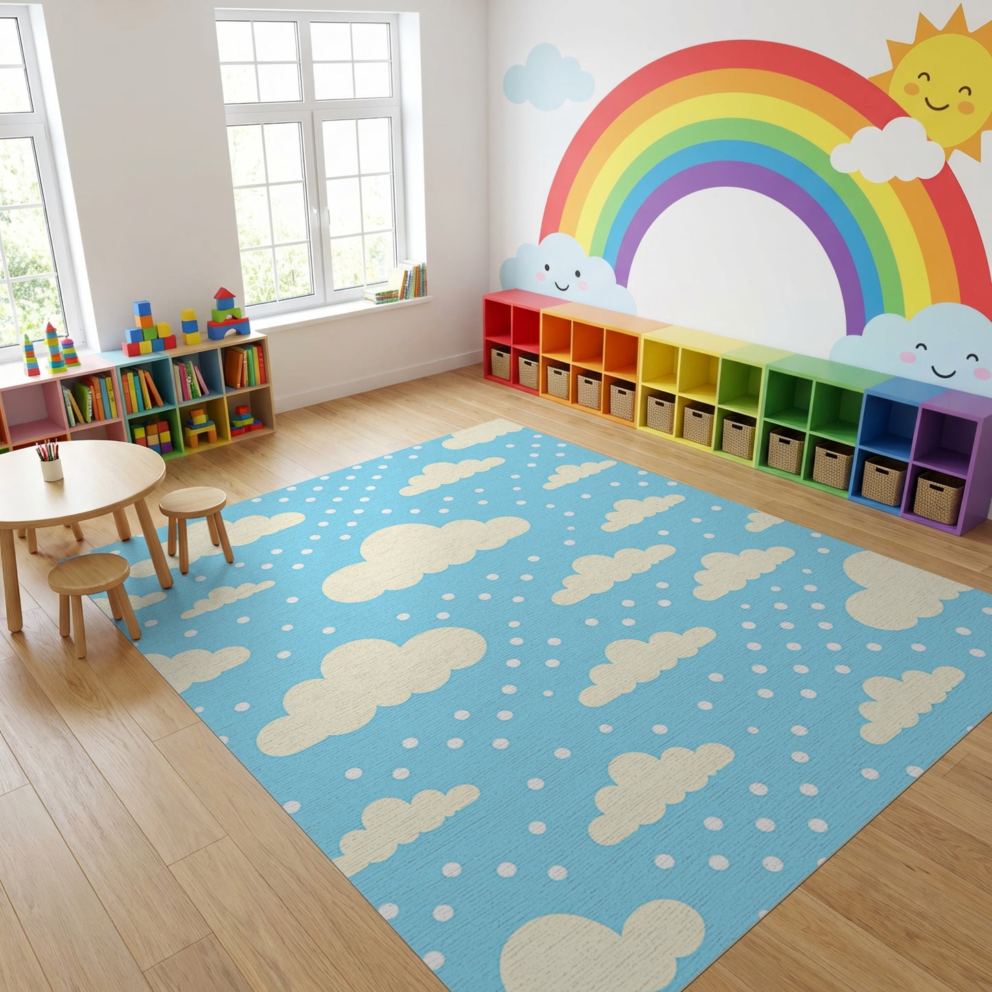 Whimsical Fluffy Clouds Blue Dots Rug
