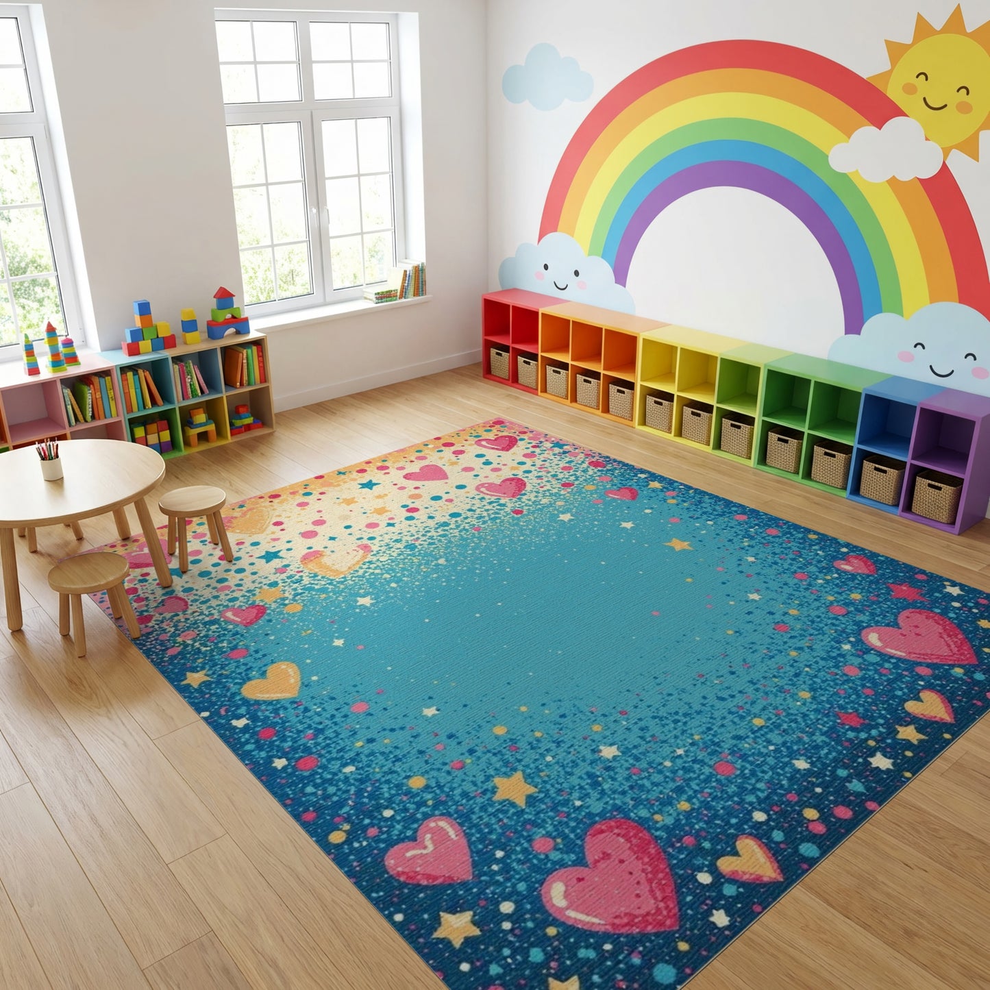 Whimsical Pink Hearts Stars Blue Rug