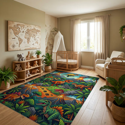 Vibrant Dinosaur Volcano Jungle Rug