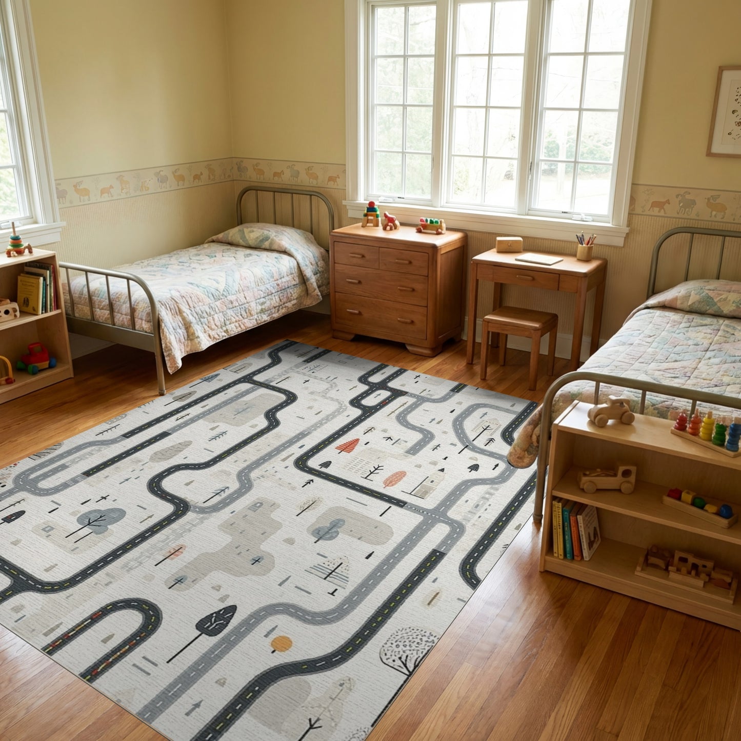 Whimsical Winding Roads Trees Cityscape Rug