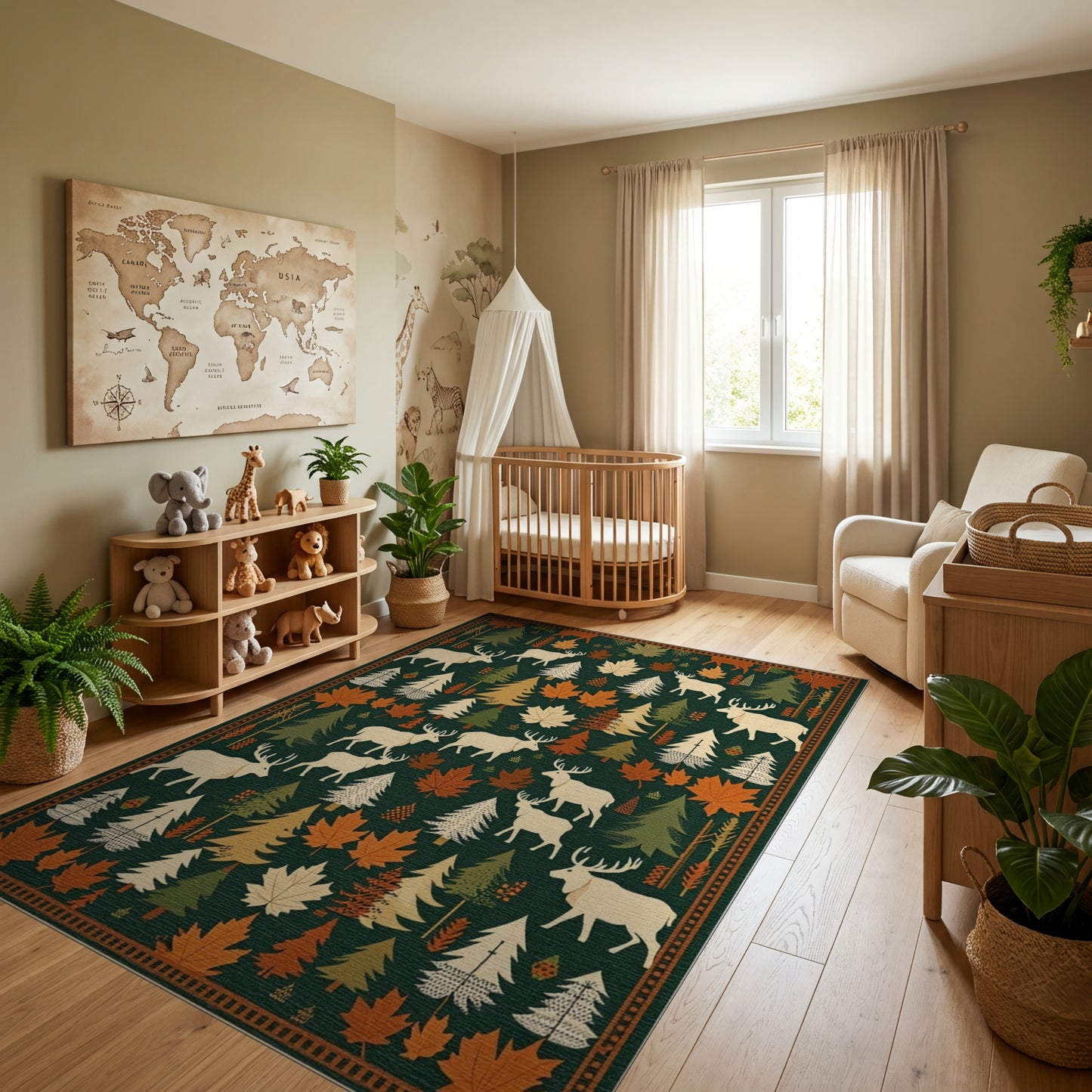 Rustic Elk Pine Maple Forest Rug