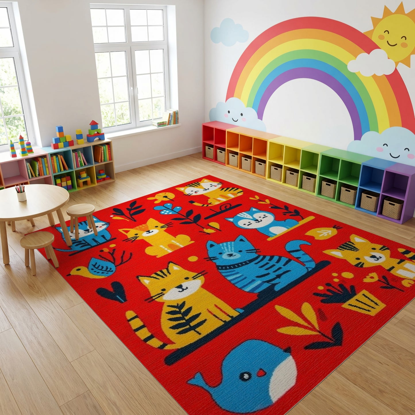 Whimsical Colorful Cats Botanical Rug