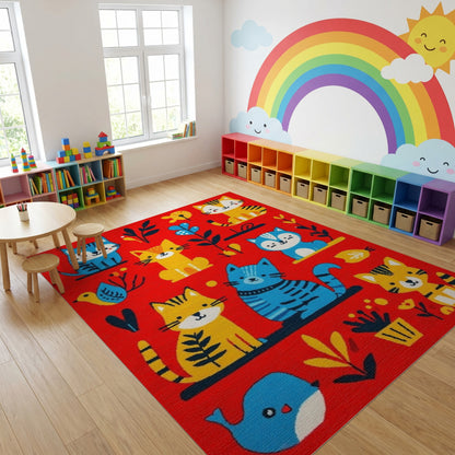 Whimsical Colorful Cats Botanical Rug