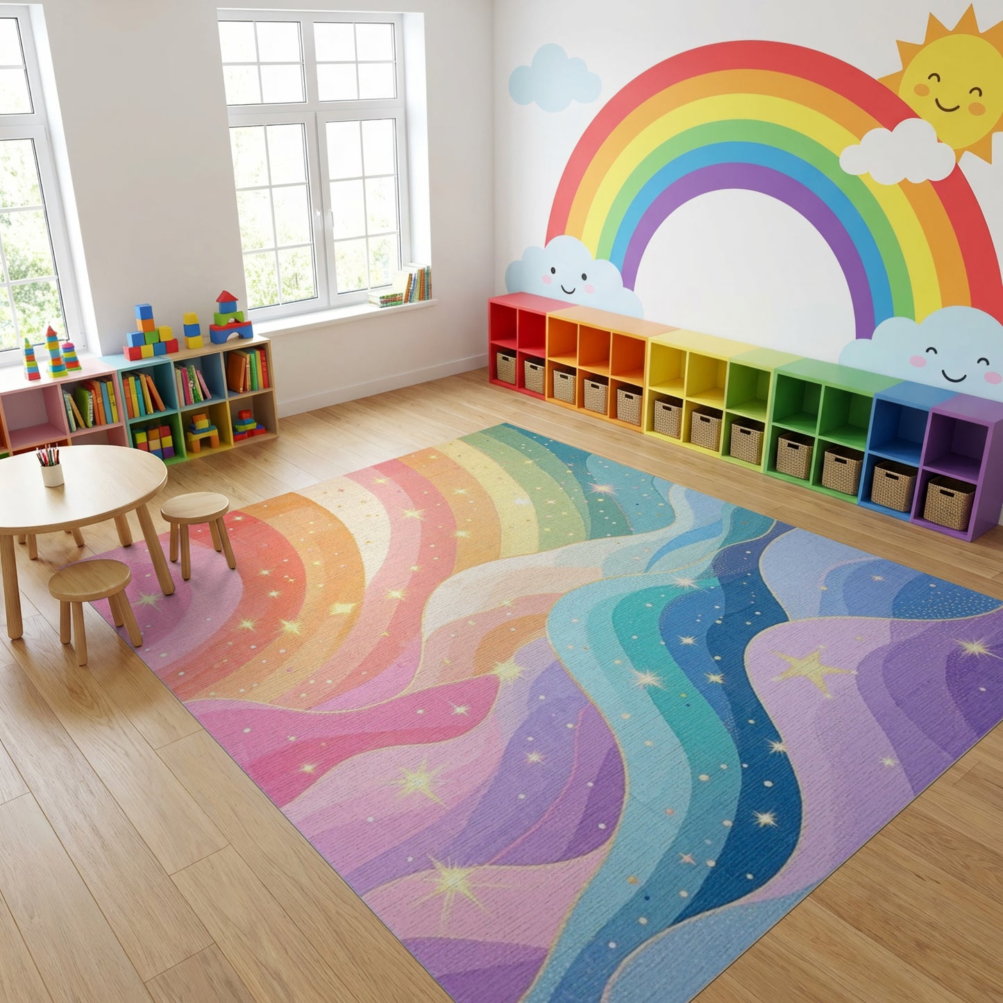 Whimsical Sparkling Rainbow Waves Rug