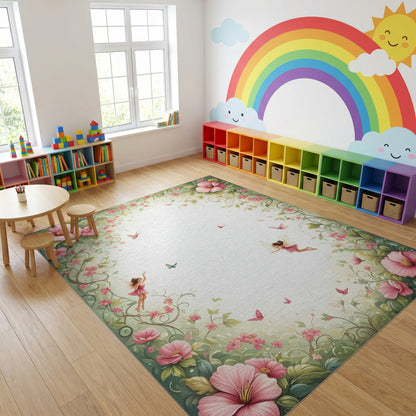 Whimsical Pink Fairy Butterflies Floral Rug