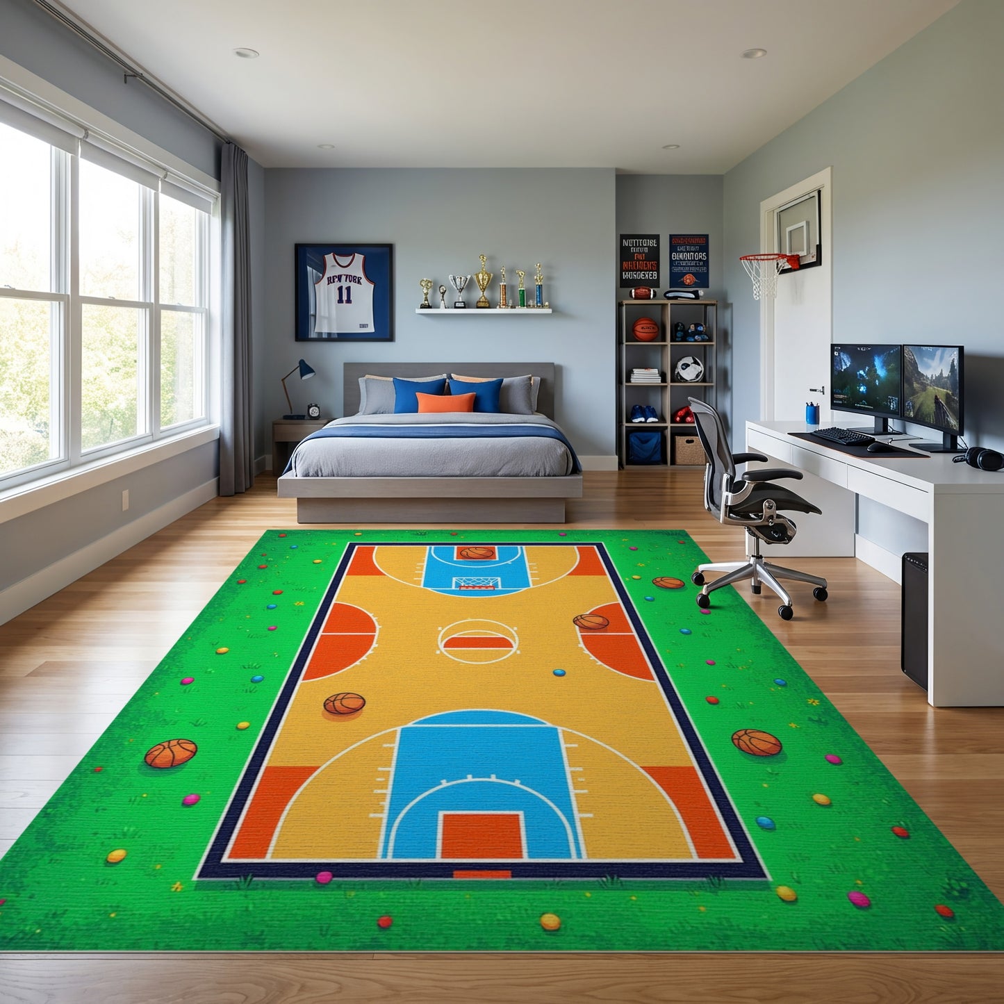 Playful Colorful Basketball Court Grass Rug