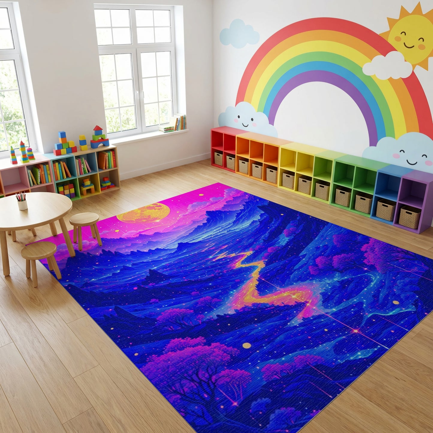 Vibrant Neon Mountain Moon River Rug