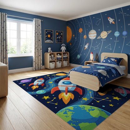 Whimsical Space Rockets Planets Stars Rug