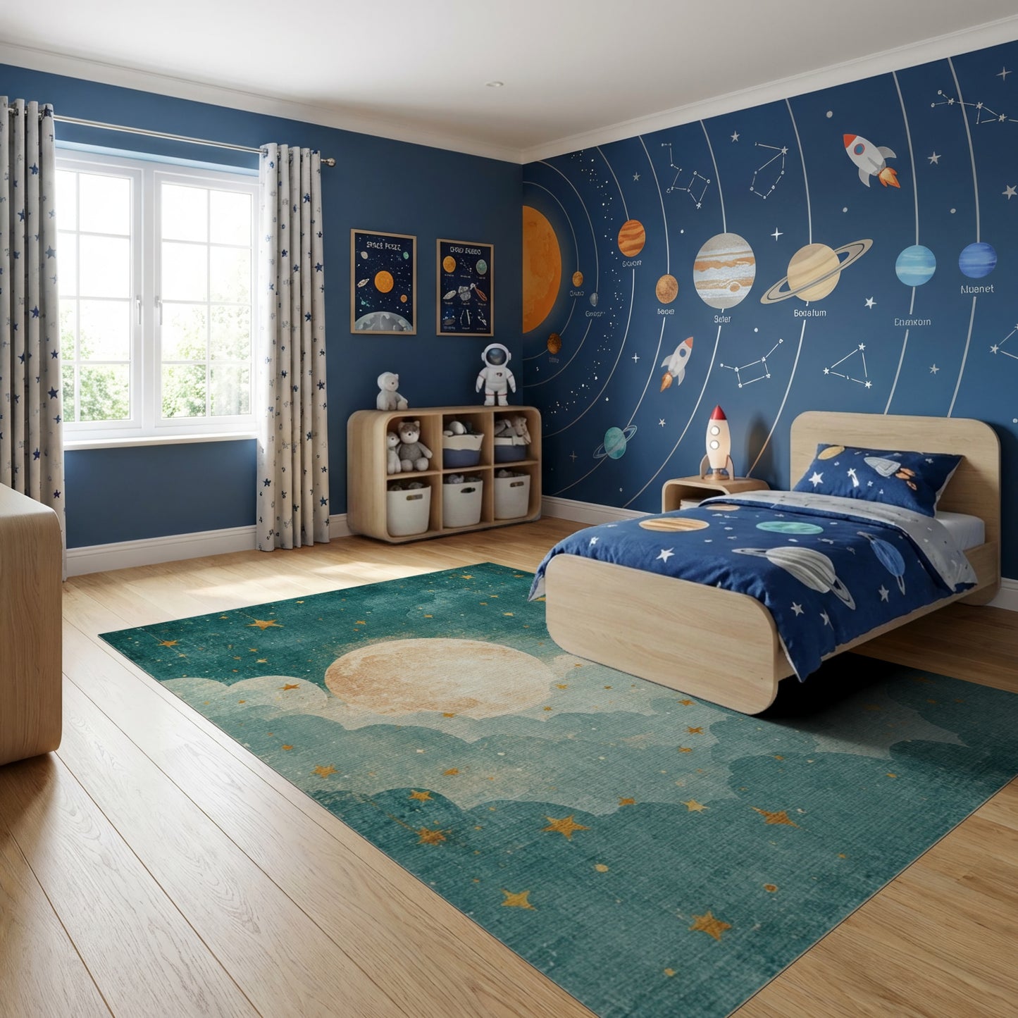 Teal Whimsical Stars Moon Clouds Rug