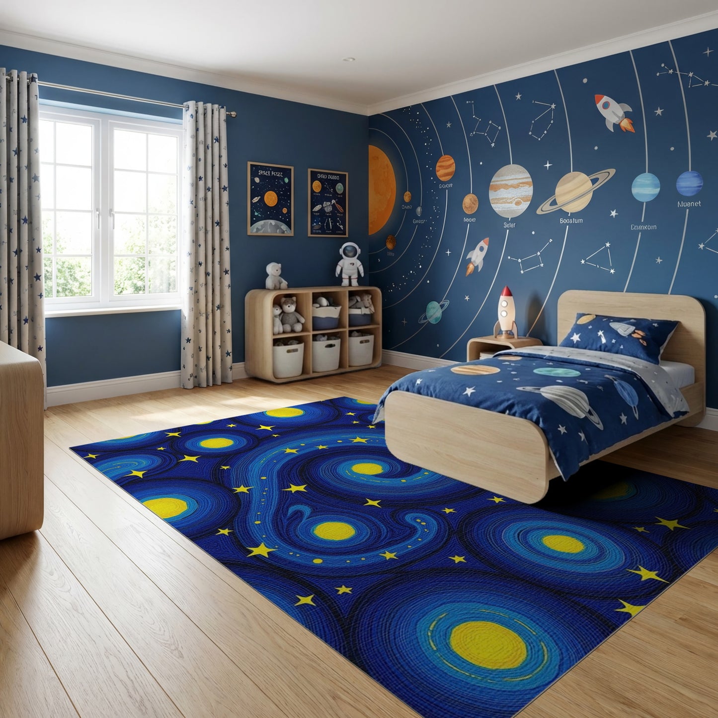 Navy Swirling Stars Yellow Circles Rug