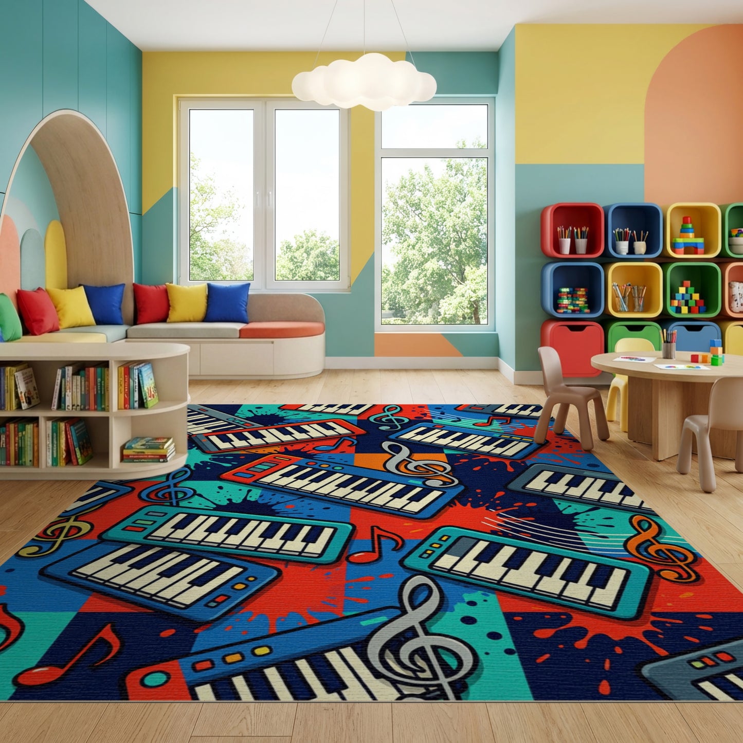 Vibrant Musical Keyboards Splatter Notes Rug