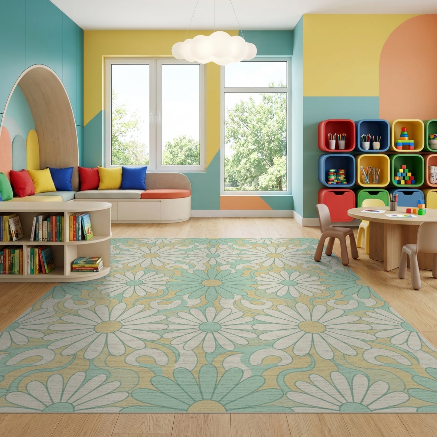 Teal White Daisy Swirl Rug