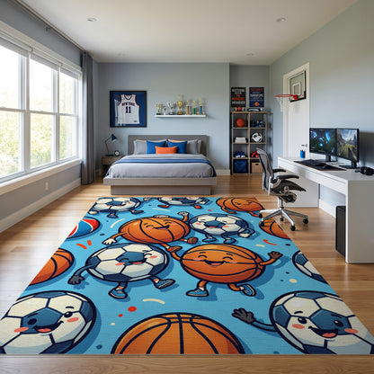 Playful Cartoon Soccer Basketball Dancing Rug
